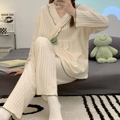 Women's pajamas spring and autumn long-sleeved cotton 2022 new bow tie can be worn outside home service summer casual suit