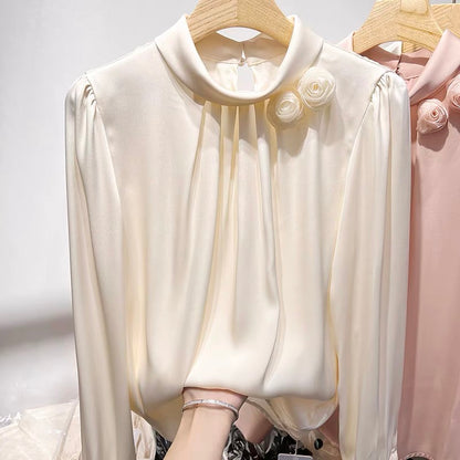 2022 new French temperament thin stand-up collar flower solid color pullover long-sleeved chiffon shirt women's autumn thin shirt