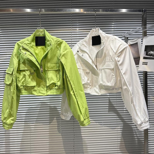 Net red same style 2023 spring new niche street hot girl big pocket design stand collar colorful jacket short coat