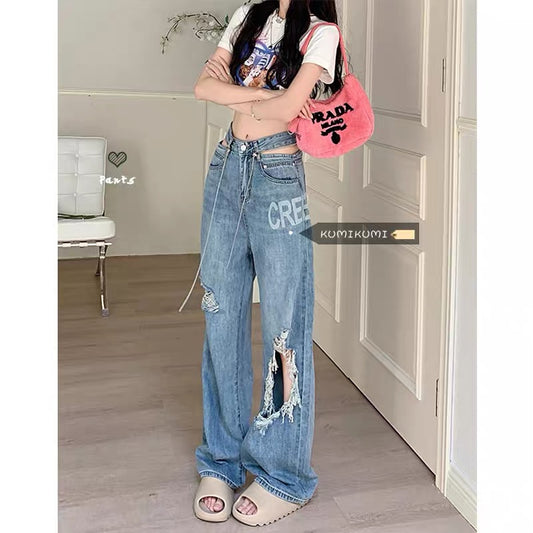 High waist ripped trousers straight jeans women's thin section thin summer retro blue wide-leg mopping trousers pants tide 1123