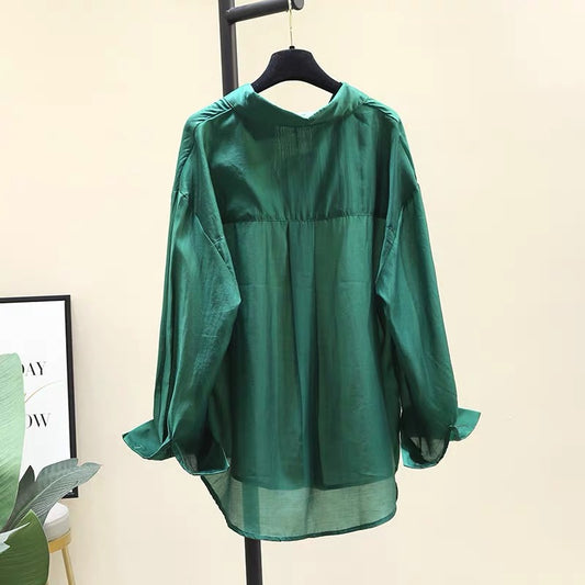 Dark green thin shirt women's summer 2022 new Korean version loose casual Tencel shirt long-sleeved sunscreen top