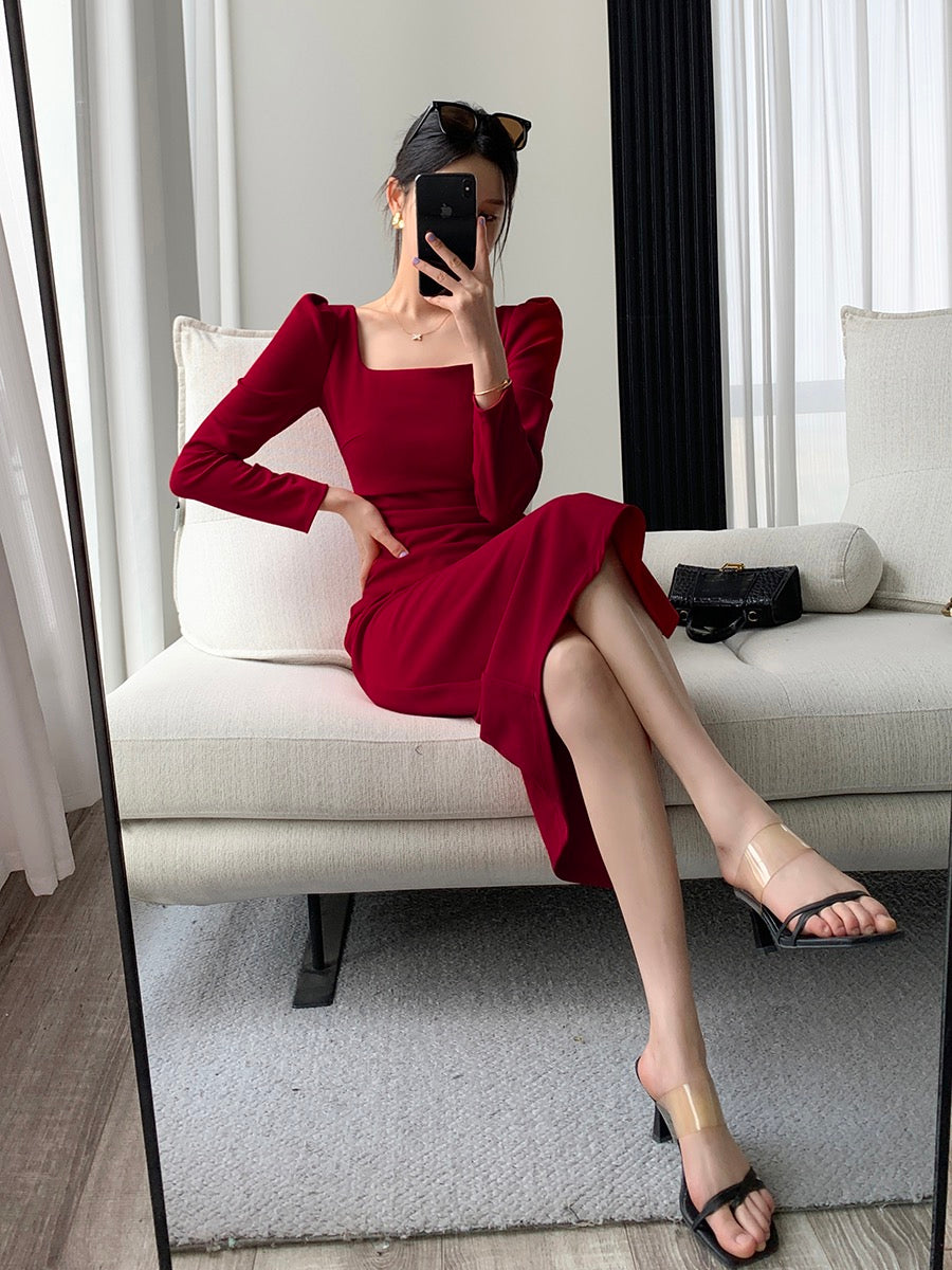 Guoge custom red dress female 2023 spring new long-sleeved French waist slim temperament square collar engagement dress