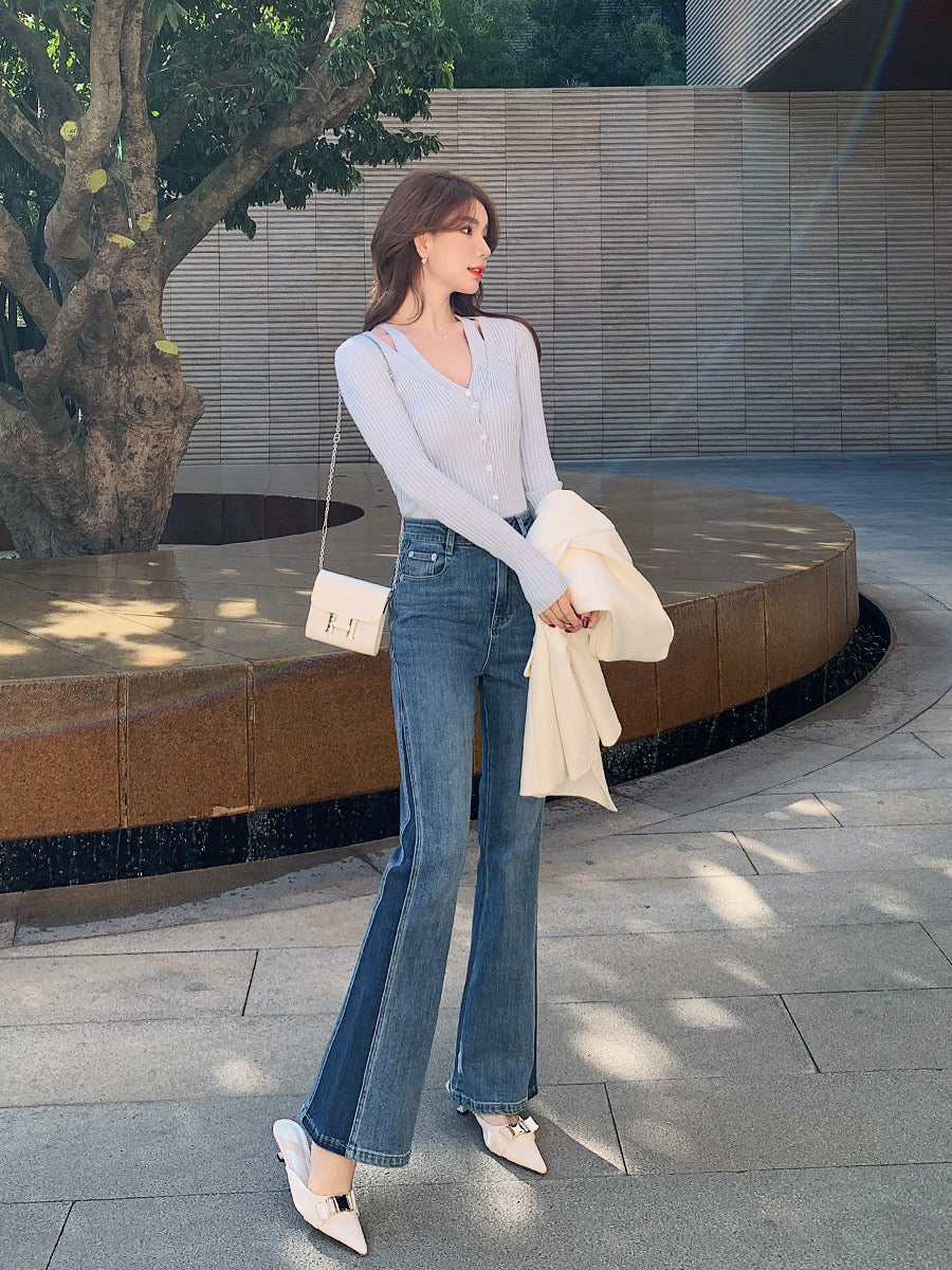 Mrs. Island song flared pants splicing jeans women's spring design sense long pants high waist slimming straight-leg pants