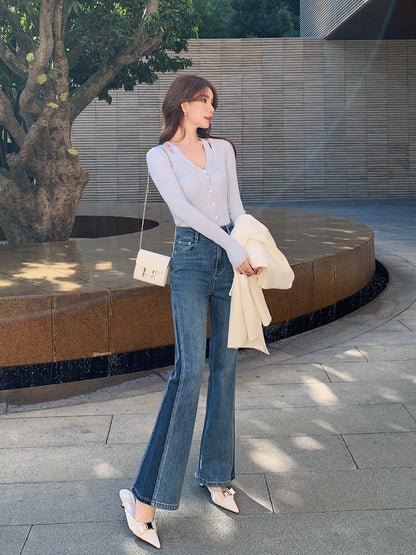 Mrs. Island song flared pants splicing jeans women's spring design sense long pants high waist slimming straight-leg pants