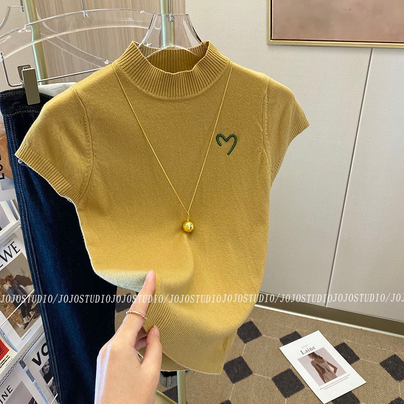 Slim half-high collar embroidered knitted bottoming shirt women 2023 early spring new design sense warm inner T-shirt top