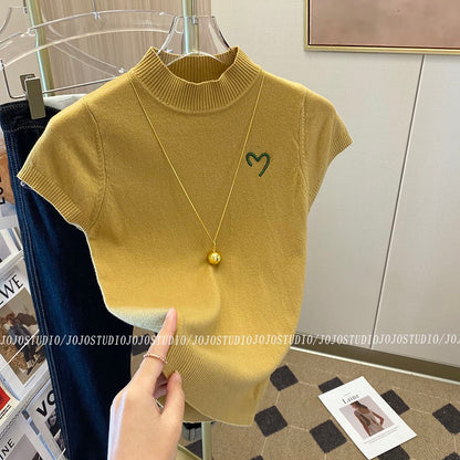 Slim half-high collar embroidered knitted bottoming shirt women 2023 early spring new design sense warm inner T-shirt top