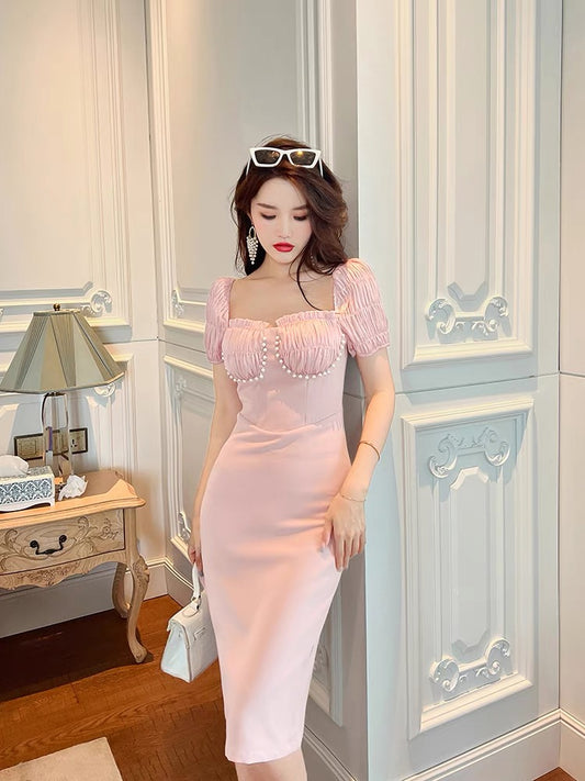 European station milk sweet skirt scheming design sense pink gentle age-reducing slim mid-length square neck dress female summer