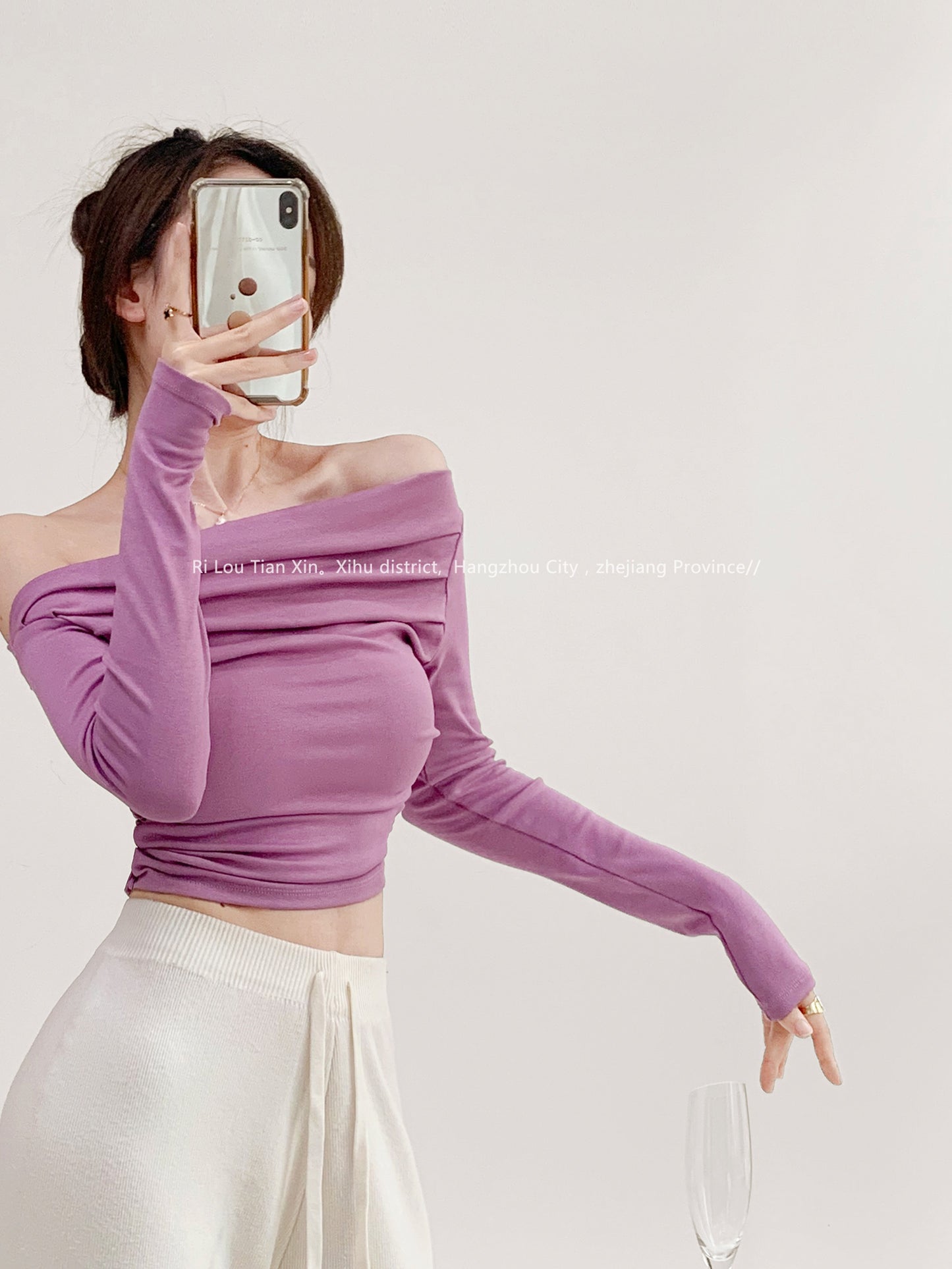 Sunset Sweetheart Pure Desire Wind Fold Slanted Shoulder Clavicle Long-sleeved T-Shirt Female Tight Slim Short Section Navel Knitwear