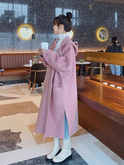 Pink cocoon-shaped woolen coat women's autumn and winter mid-length 2022 new Hepburn style fashion temperament woolen coat
