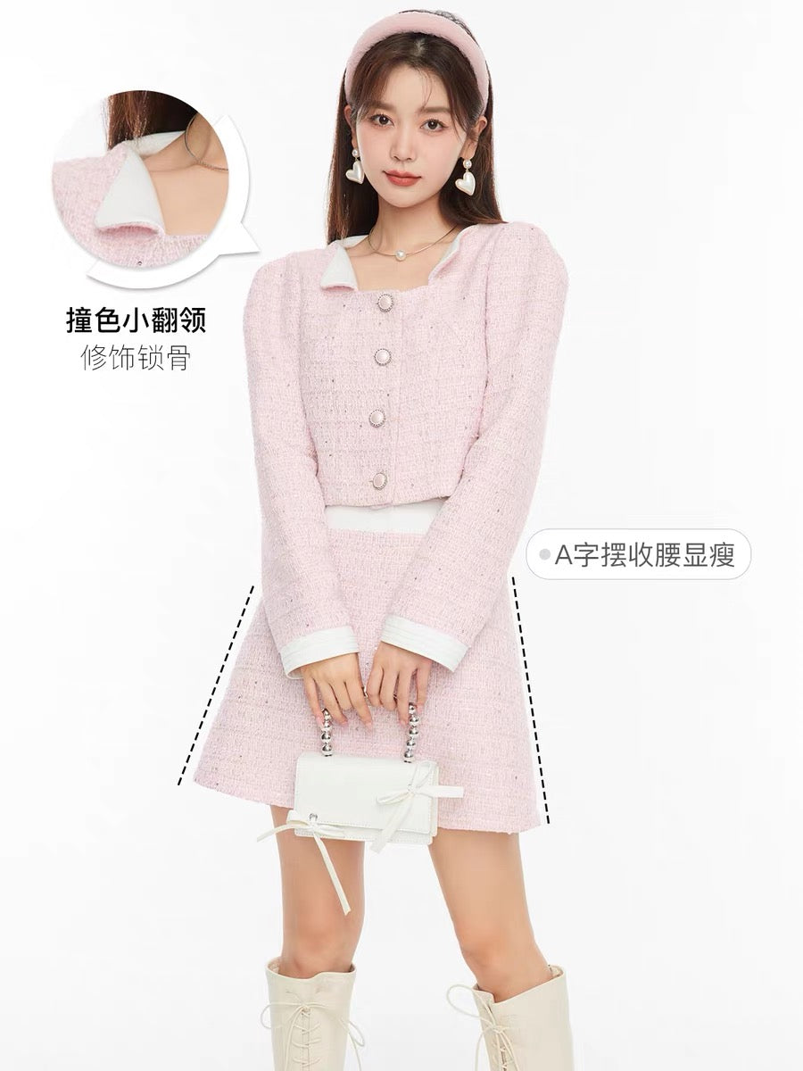 Fantu Fashion Puff Sleeve Jacket High Waist A-line Skirt Suit 2022 Autumn New Wool Small Fragrance Two-piece Set