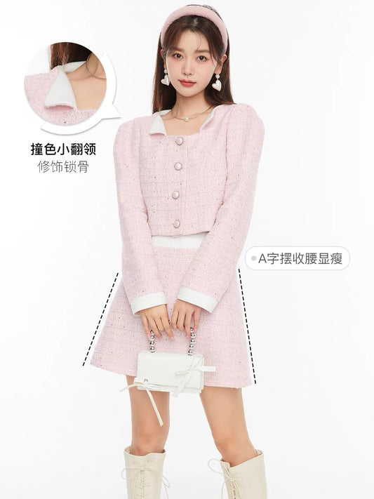 Fantu Fashion Puff Sleeve Jacket High Waist A-line Skirt Suit 2022 Autumn New Wool Small Fragrance Two-piece Set