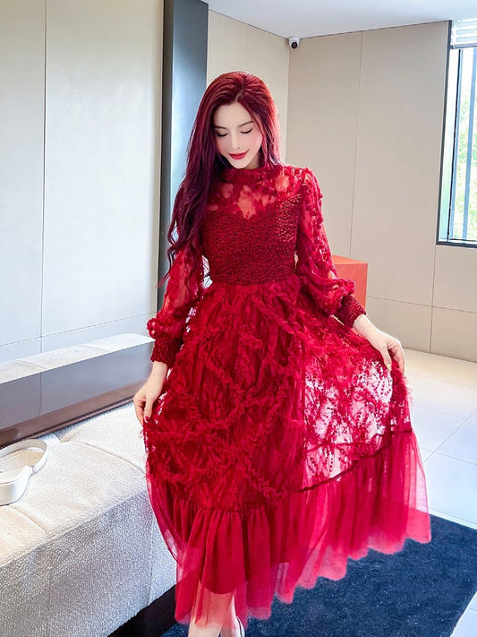 Women's clothing with coat and skirt 2023 new spring and winter mesh mid-length red dress wedding engagement dress annual meeting 2000