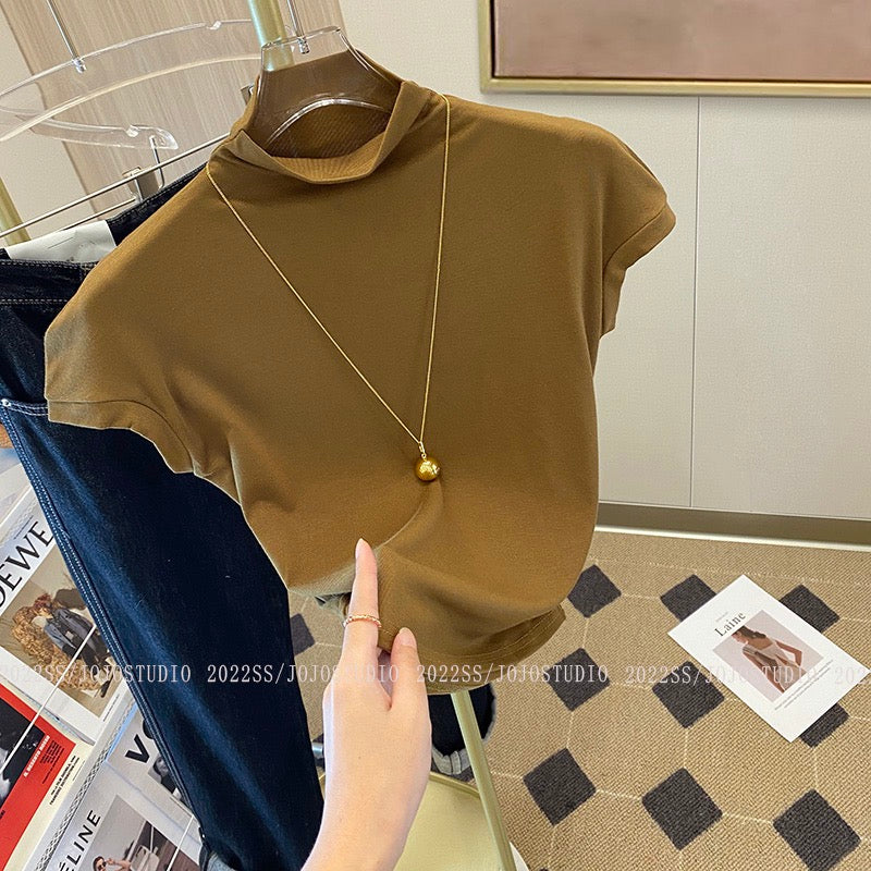 Half-high collar solid color sleeveless T-shirt women's 2023 spring and summer thin section self-cultivation unique special chic hot girl pure desire short top