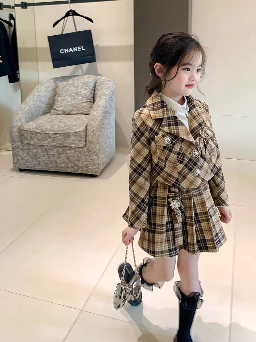 Original girls children's clothing autumn college style sub suit children's baby suit jacket pleated skirt two-piece set