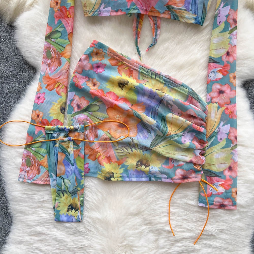 Pure desire wind three-piece suit female summer hot girl print V-neck long-sleeved top drawstring bag hip short skirt briefs