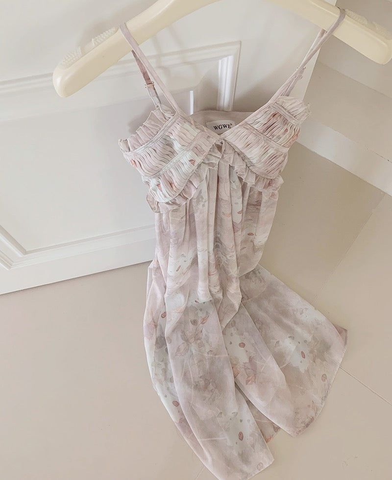 Summer female small fresh French high-end first love long skirt pure desire sweet wind floral sling sleeveless dress