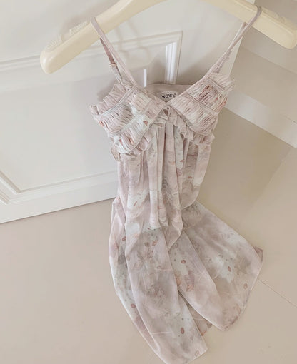 Summer female small fresh French high-end first love long skirt pure desire sweet wind floral sling sleeveless dress