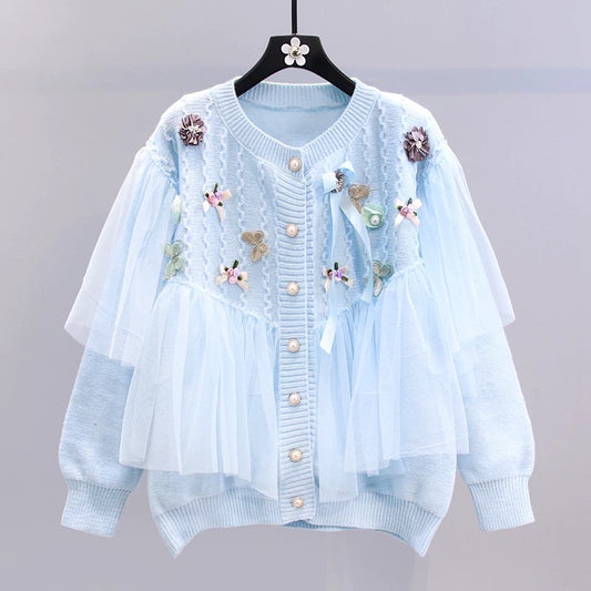 Japanese gentle wind mesh stitching sweater coat women's autumn and winter 2022 new loose three-dimensional flower knitted cardigan