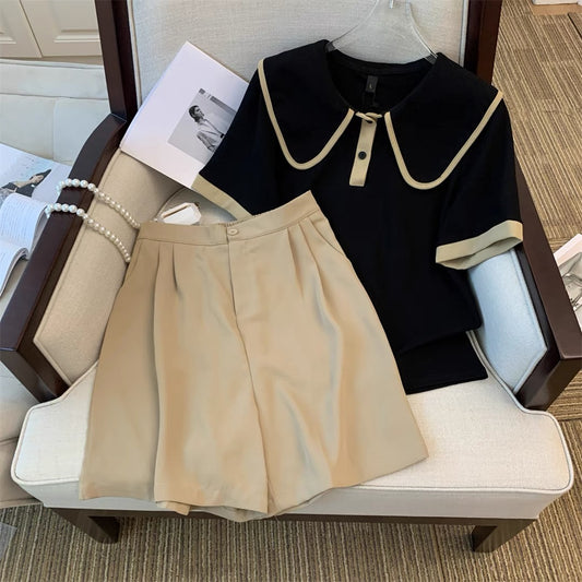 Xiaoxiangfeng lapel contrast color short-sleeved fashion suit women's design sense niche summer chic shorts Western style two-piece suit