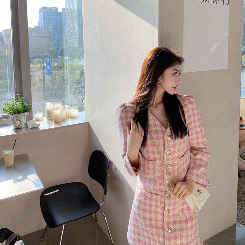 Pink small fragrant wind suit skirt women 2022 autumn new high-end casual fashion celebrity skirt two-piece set