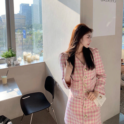 Pink small fragrant wind suit skirt women 2022 autumn new high-end casual fashion celebrity skirt two-piece set