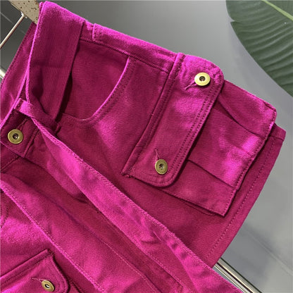 Internet celebrity trend fashion street dragon fruit color denim skirt 22 autumn personality three-dimensional pocket tooling skirt bag hip skirt