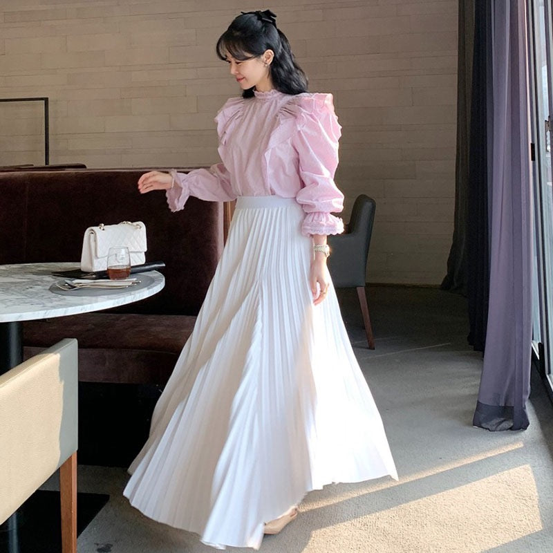 Korean chic autumn gentle temperament high waist thin irregular design large swing type pleated skirt long skirt female