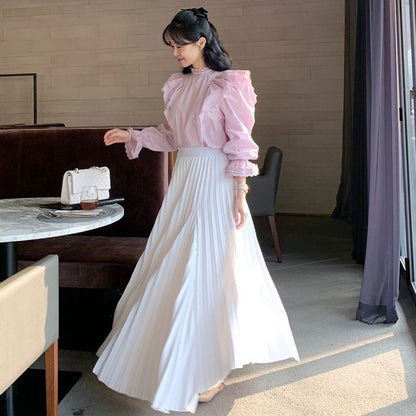Korean chic autumn gentle temperament high waist thin irregular design large swing type pleated skirt long skirt female