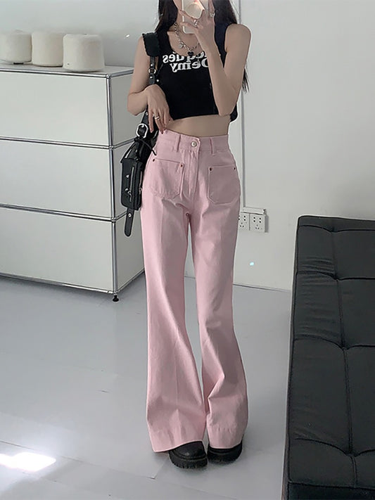 Retro flared jeans women's spring 2023 new Hong Kong style high waist thin pink loose mopping trousers ins