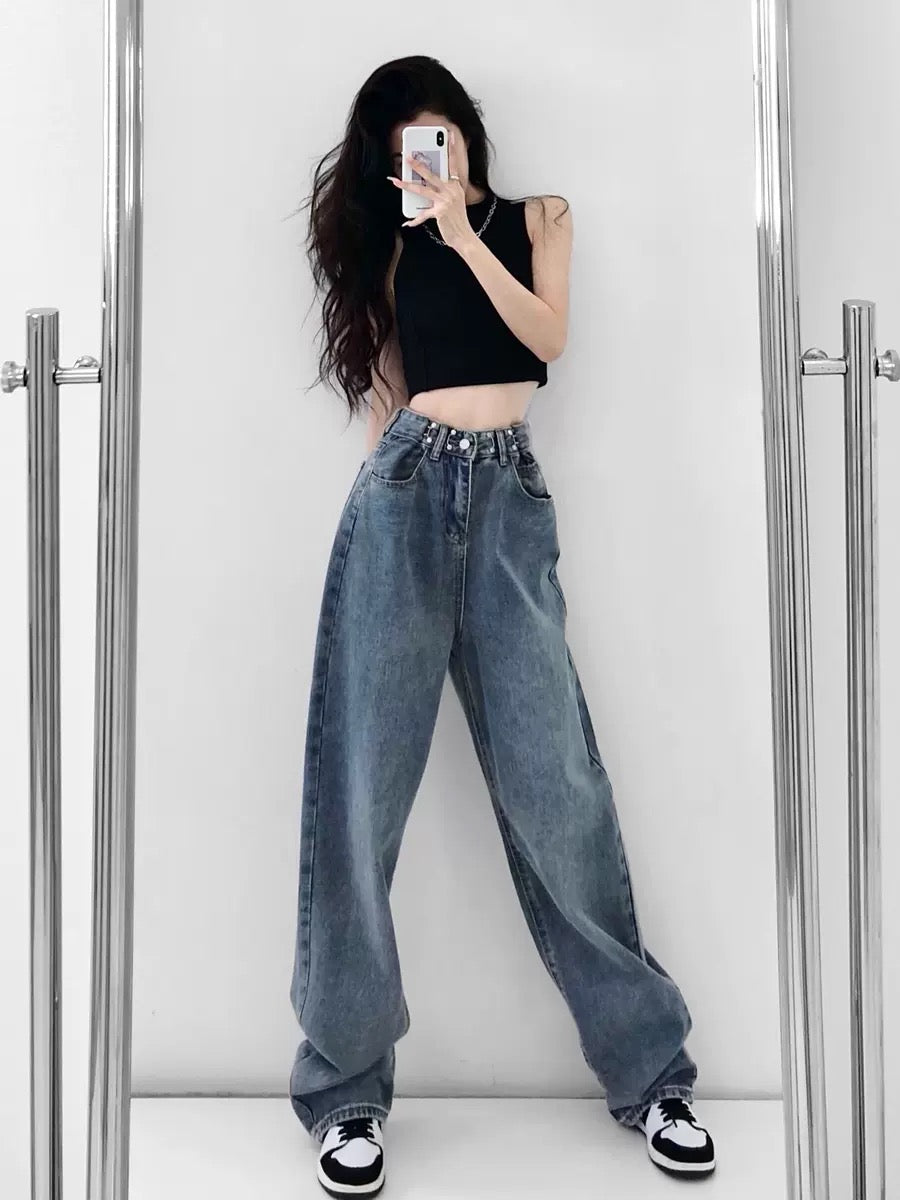 JUGUG mopping buckle jeans women's spring and summer new loose high waist drape all-match straight slim wide-leg pants