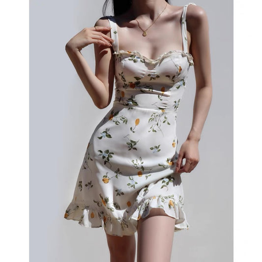 French fresh girl summer lemon slimming slim holiday dress retro strappy waist skirt dress