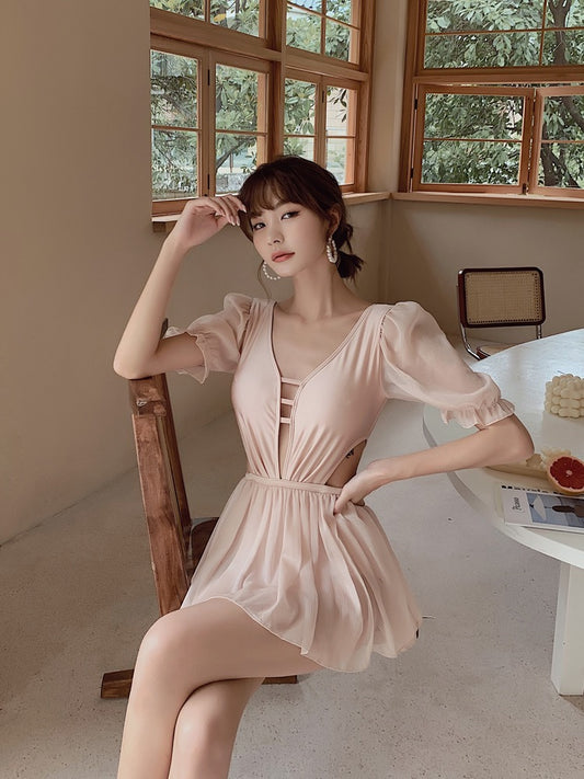 Gold beads swimsuit women's one-piece skirt style 2021 new hot spring style slimming cover belly small chest conservative hot spring swimsuit