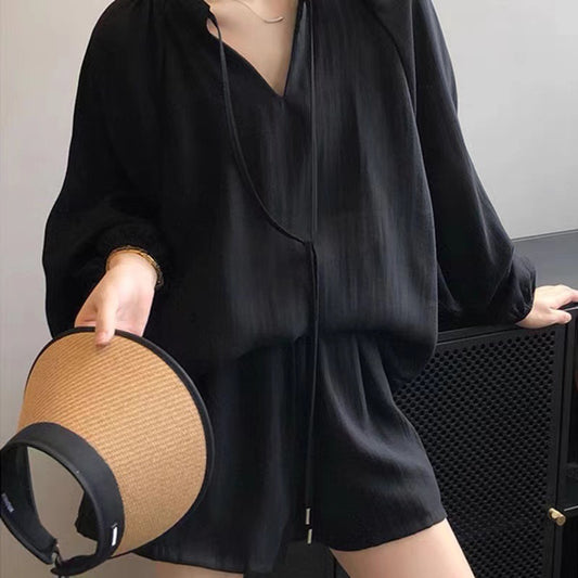 Korean Dongdaemun chic French retro gentle temperament long-sleeved shirt high waist wide-leg shorts casual suit female