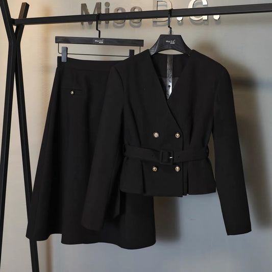 Miss DG autumn 2022 new women's suit v-neck suit jacket slim black skirt two-piece 1709