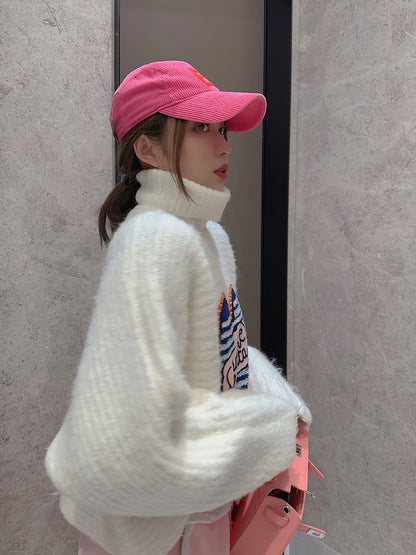 Thebestxue Korean version of the white high-necked love loose sweater women's thickened autumn and winter 2022 new top tide