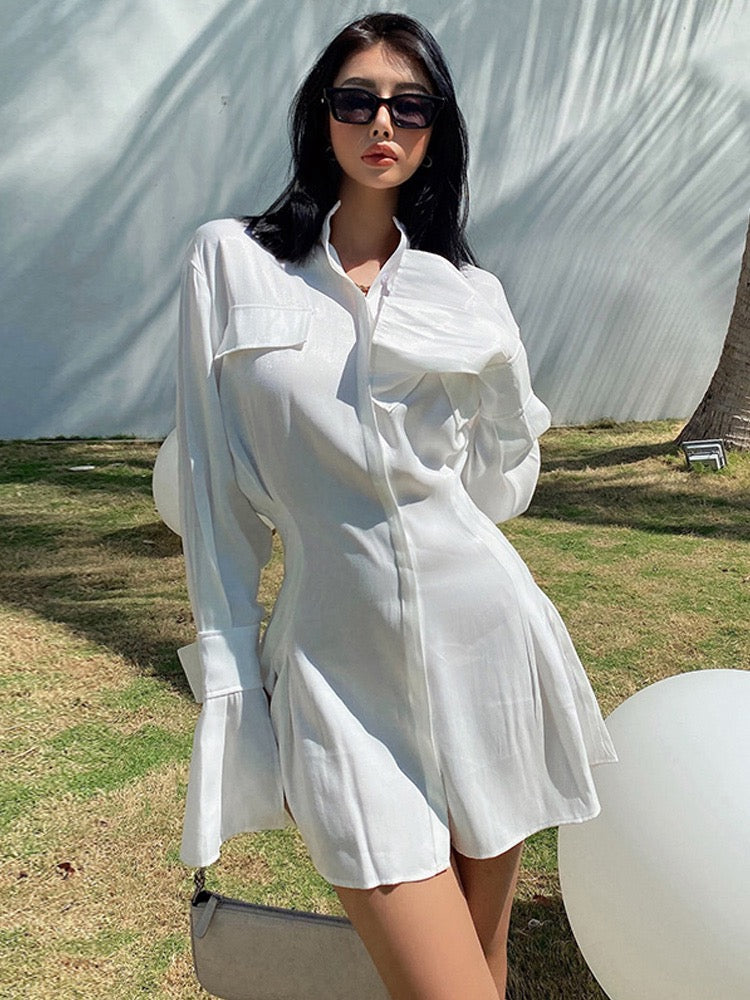 liviahome European and American sweet and spicy shirt dress glossy texture satin long-sleeved dress female design sense niche