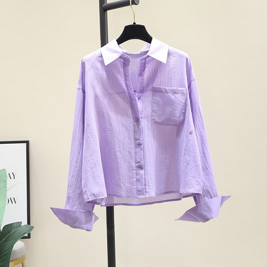 Fashionable temperament purple cotton and linen shirt women's summer 2023 new Korean version loose thin shirt chic top coat