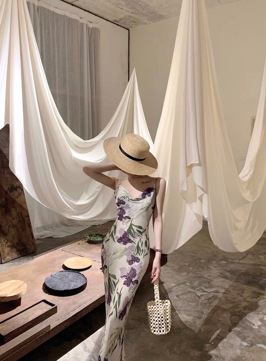 Luhe Clothing French Collar Dress Iris Print Chiffon Sling Dress Summer Women's Retro Romantic Long Dress 1246