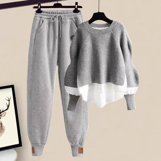 Small Autumn Fat Sister Autumn Sweater Pants Sweater Pants Autumn and Winter Suit Female Net Red Temperament Matching Two-piece Set