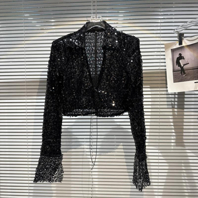 Internet celebrity same style 2023 spring new hot girl celebrity full body sequins shiny short short sleeves shoulder pad short coat