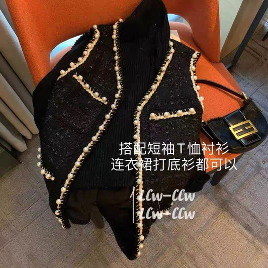 Xiaoxiangfeng pearl buckle vest women's 2022 autumn and winter new vest tweed bright silk loose vest jacket top