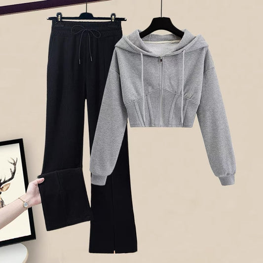 Autumn small loose short coat gray hooded zipper sweater pants casual pants suit female spring two-piece