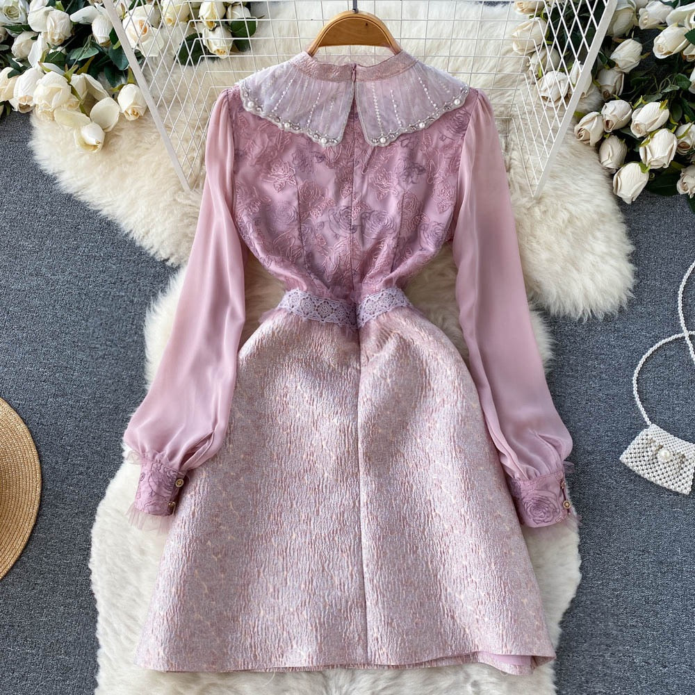 French Chic Stunning Waist Slim Temperament Long-sleeved Dress Summer Women's Doll Collar Hip Skirt Trendy