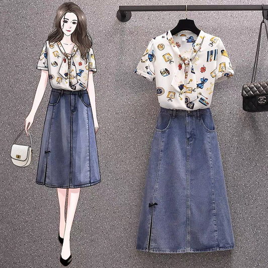 2021 summer new - fat MM large size chiffon top denim bow skirt