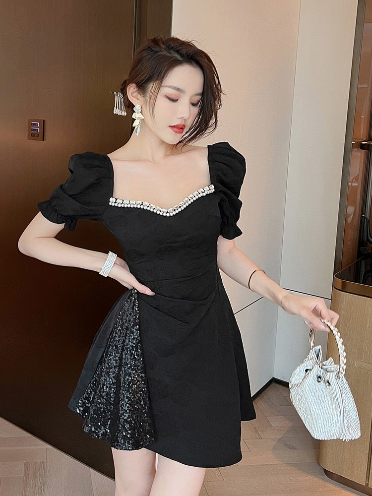 little black dress sex Black Puff Sleeve Splicing Receive Waist Small A-line Dress Summer Sex –  Lee Nhi Boutique