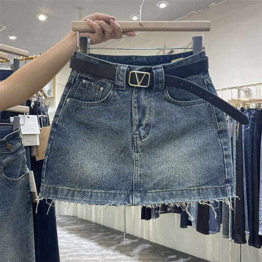 Original tide brand 2023 early spring new retro light blue denim skirt high waist sexy a-line skirt female