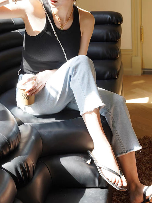 GUS is actually very thin light-colored high-waisted jeans Cotton elastic comfortable nine-point pants spring and summer thin straight-leg pants