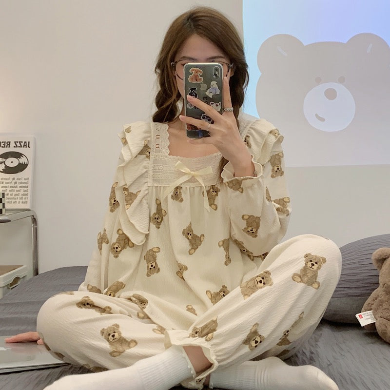 2022 new cartoon brown bear spring and autumn summer long-sleeved pajamas women's cotton gauze can wear princess wind suit