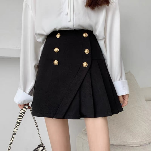 Large size irregular pleated skirt short skirt women's crotch cover carefully machine design sense niche double-breasted pleated skirt