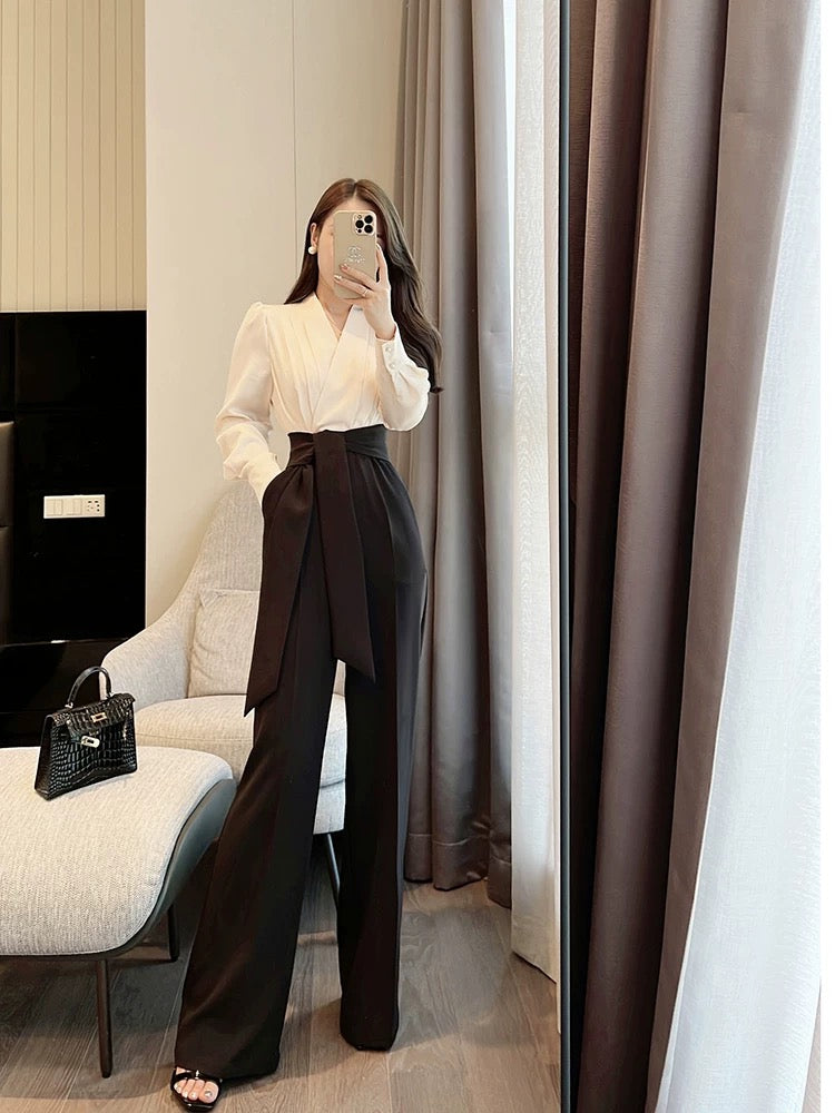 Miss Dong's high-end custom jumpsuit women's 2022 autumn new straight wide-leg tie waist color-blocking jumpsuit 1784